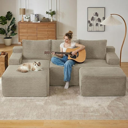 96" Cloud Sectional Couch U-Shaped Chaise with Ottoman, Corduroy Boneless Couch for Living Room Bedroom, Deep-Seat Upholstered Modular Cloud Sofa, No Assembly Required (Camel, Left Facing Chaise)