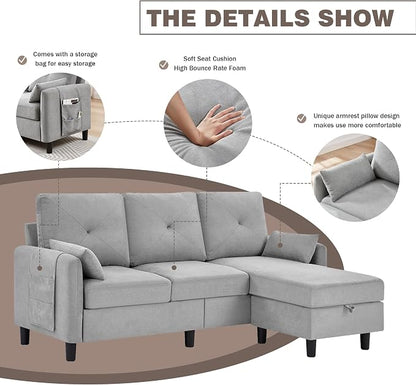 Convertible L-Shaped Sectional Sofa, 3-Seat Sofa Couches with Storage Ottoman & 2 Pillows and Side Storage Pockage, Small Modern Couch for Living Room, Apartment and Office, Light Grey