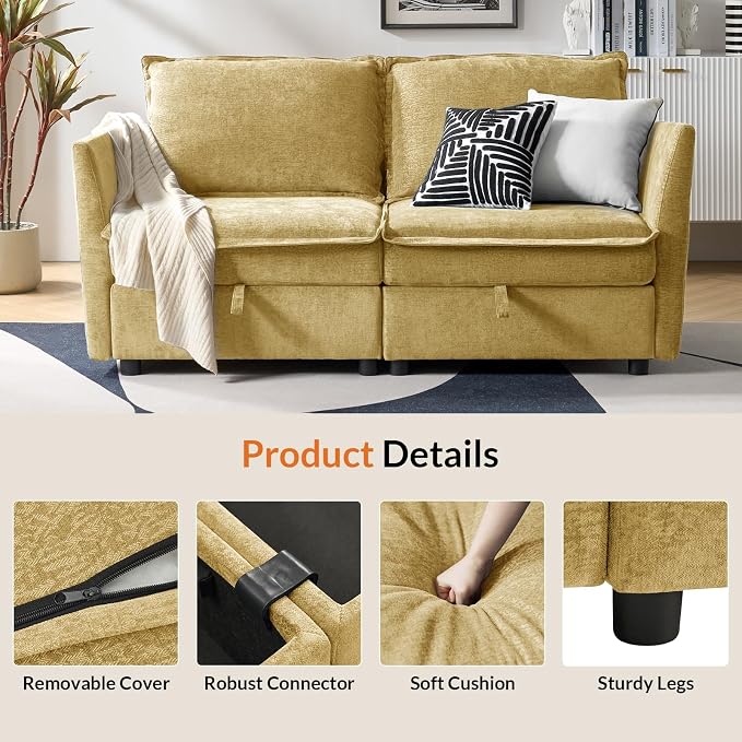 HULALA HOME 67'' Modern Chenille Loveseat Sofa, 2 Seater Couch with Storage, Comfy Deep Seat, Small Loveseat Couches for Living Room Furniture with Pillows, Easy to Install, Cream