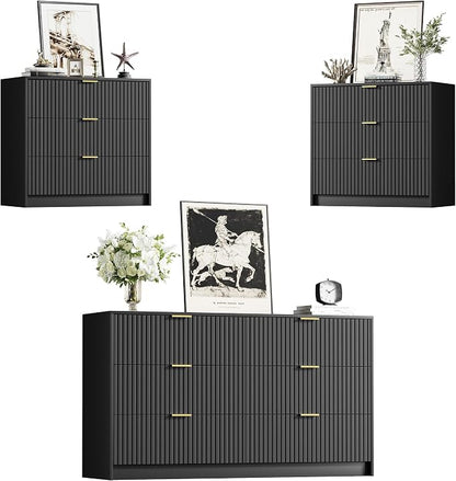 Furniway Black Dresser Bedroom Set 3 Pieces, Nightstands Sets of 2, 6 Drawer Dresser with Gold Handles for Bedroom