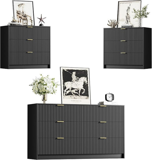 Furniway Black Dresser Bedroom Set 3 Pieces, Nightstands Sets of 2, 6 Drawer Dresser with Gold Handles for Bedroom