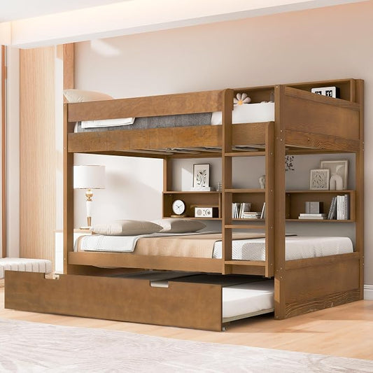 Harper & Bright Designs Rustic Wood Bunk Bed with Pull-Out Trundle, Twin Over Twin Wooden Bunk Bed with Large Cabinet Beside Upper and Down Bed, Wood