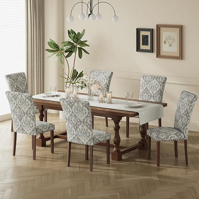 COLAMY Upholstered Parsons Dining Chairs Set of 6, Fabric Dining Room Kitchen Side Chair with Nailhead Trim and Wood Legs - Grey/White Flower