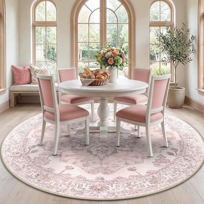 RELEANY Area Rugs Round 7ft Washable Non-Slip, Floral Vintage Distress Medallion Carpet for Living Room Bedroom Dining Room, Pink Greypink Cute