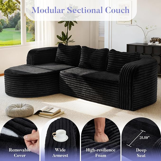 Hobestluk Modular Sectional Sofa Couches L-Shape Couch 3 Seat Modular Sofa Memory Foam Sectional Couches for Living Room, Cloud Couch (Round Black, 96", Left Hand Facing)