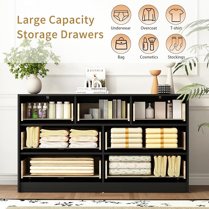 7 Drawer Dresser and Nightstand Sets for Bedroom, 3 Pcs Bedroom Set，Night Stand Set of 2 & 7 Drawer Dresser with Gold Handles, Modern Wood Chest of Drawers Storage Cabinet Set, Black