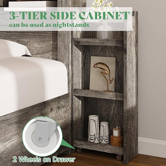 AMERLIFE Queen Bed Frame with 4 Storage Drawers, LED Bed Frame with 49“ Tall Bookcase Headboard, Wood Platform Bed with Charging Station & 2 Slide Bedside Shelf, No Box Spring Needed/Rustic Grey