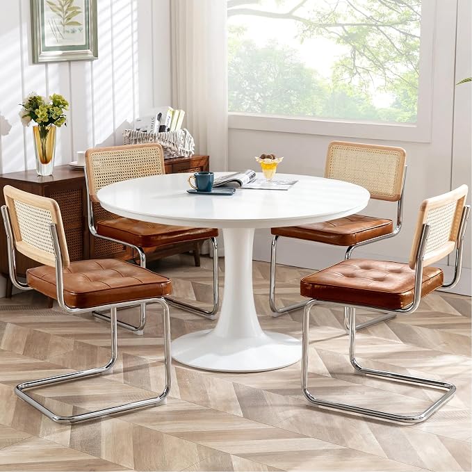 Zesthouse Natural Rattan Dining Chairs Set of 4, Mid Century Modern Dining Room Chairs with Chrome Leg, Faux Leather Kitchen Chair with Solid Wood Back & Cane Mesh, Breuer Cesca Design Inspired, Brown