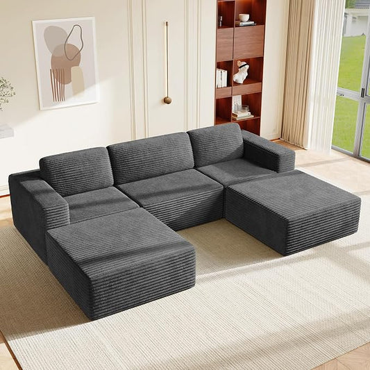 Vesgantti 119" Oversized U-Shaped Modular Sectional Sofa, Corduroy Cloud Couch with Deep Seating & Spring Support, Convertible Sofa with 2 Ottomans, Boneless Couch, No Assembly Required, Grey