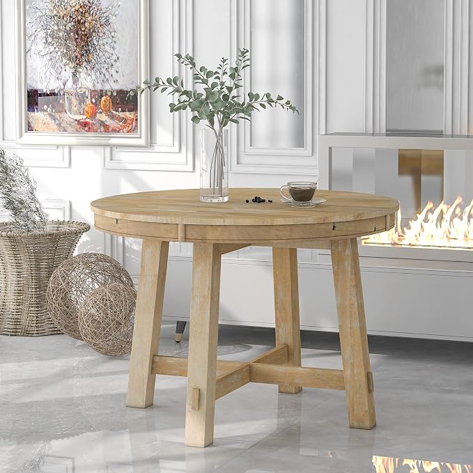 Ball & Cast Farmhouse Extendable Dining Table for 4-6, 42"-58" Extendable Kitchen-Table with a 16" Leaf, Round Ellipse Retro Wood Dining Room-Table w/Removable Leaves,Space Saving, Natural
