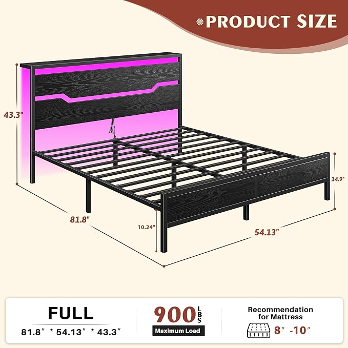 Homkdom Full Size Bed Frame with 900LBS Heavy-Duty Metal Slats,USB Ports & LED Lights,Headboard Shelf, 10.24” Underbed Storage, Noise-Free, No Box Spring Needed, Modern Black