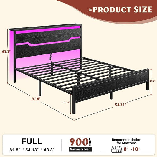 Homkdom Full Size Bed Frame with 900LBS Heavy-Duty Metal Slats,USB Ports & LED Lights,Headboard Shelf, 10.24” Underbed Storage, Noise-Free, No Box Spring Needed, Modern Black