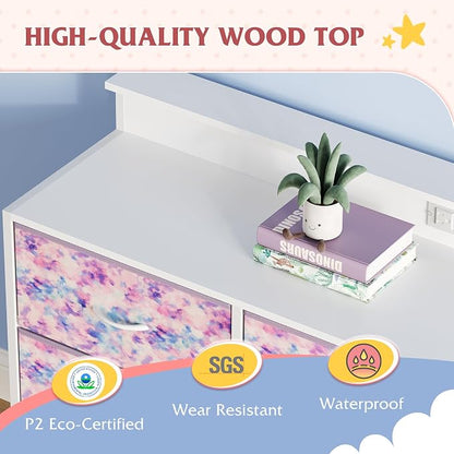 WLIVE Dresser TV Stand for 45, 50, 55 inch TV, Entertainment Center with LED Lights & Charging Station, Chest of Drawers with 9 Fabric Drawers for Living Room, Tie-dye Print (Pink, Purple, Blue)
