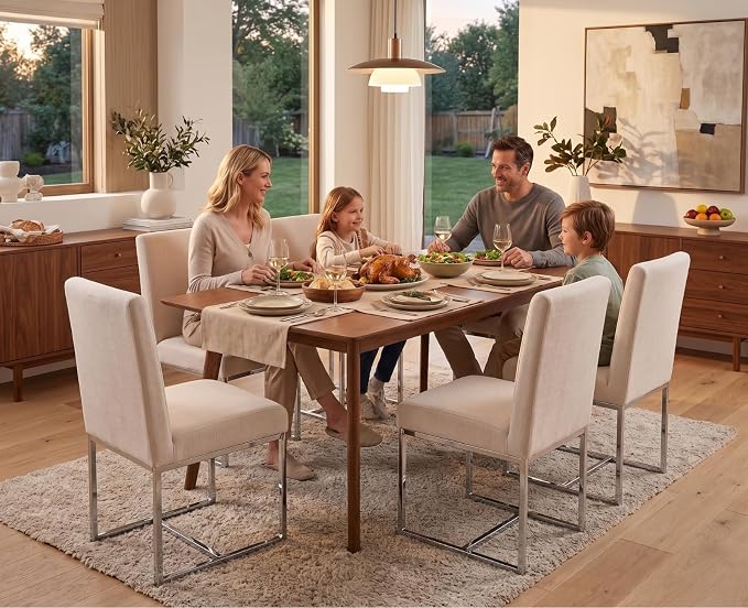 CIMOTA Modern Dining Chairs Set of 4, Upholstered Dining Room Chairs Armless Guest Side Chair with Chrome Base for Dining Room/Kitchen, Beige, 4PCS