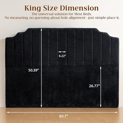 King Headboard Only - Black Velvet Upholstered Headboard for Bed, No Assembly Required, Pure Sponge Design, Comfort Head Board, Place Between Bed & Wall, Vertical Stripe with Stepped Crown Top Edge