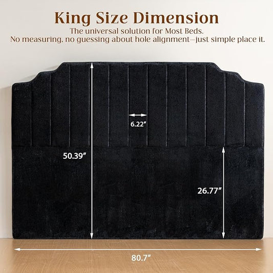 King Headboard Only - Black Velvet Upholstered Headboard for Bed, No Assembly Required, Pure Sponge Design, Comfort Head Board, Place Between Bed & Wall, Vertical Stripe with Stepped Crown Top Edge