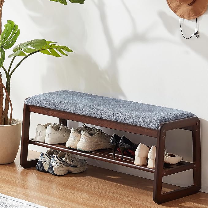 Achicsofar Shoe Rack Bench,2 Tier Solid Wooden Entryway Bench with Shoe Storage, Shoe Rack with Cushion for Living Room, Hallway(Grayish Blue, 39.4")