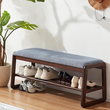 Achicsofar Shoe Rack Bench,2 Tier Solid Wooden Entryway Bench with Shoe Storage, Shoe Rack with Cushion for Living Room, Hallway(Grayish Blue, 39.4")
