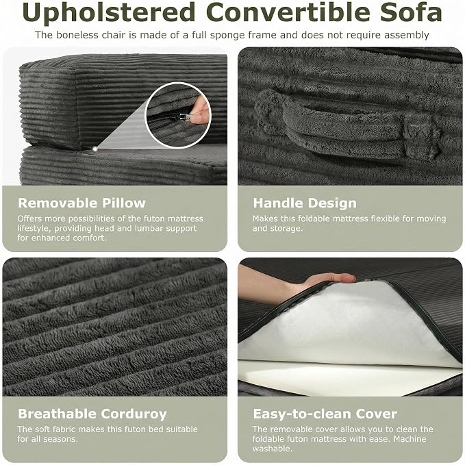 5-in-1 Convertible Sofa Bed, Boneless Loveseat with Removable Cushions & Washable Corduroy Cover, Futon Sofa Bed with Handle, Pull Out Couch for Small Spaces, Full Size, Grey