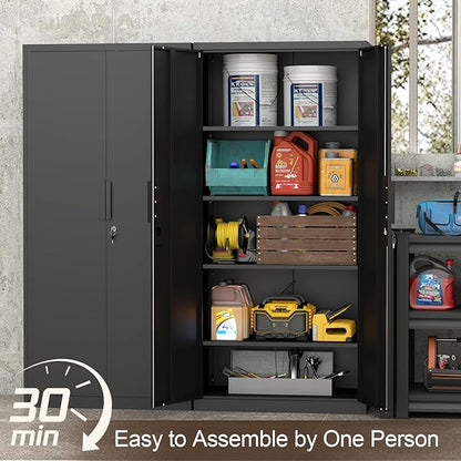 GREATMEET Metal Garage Storage Cabinet with 2 Doors and Shelves - 72" x 34" x 18" Steel Lockable File Cabinet, Black Locking Tool Cabinets for Office Home Garage Gym School