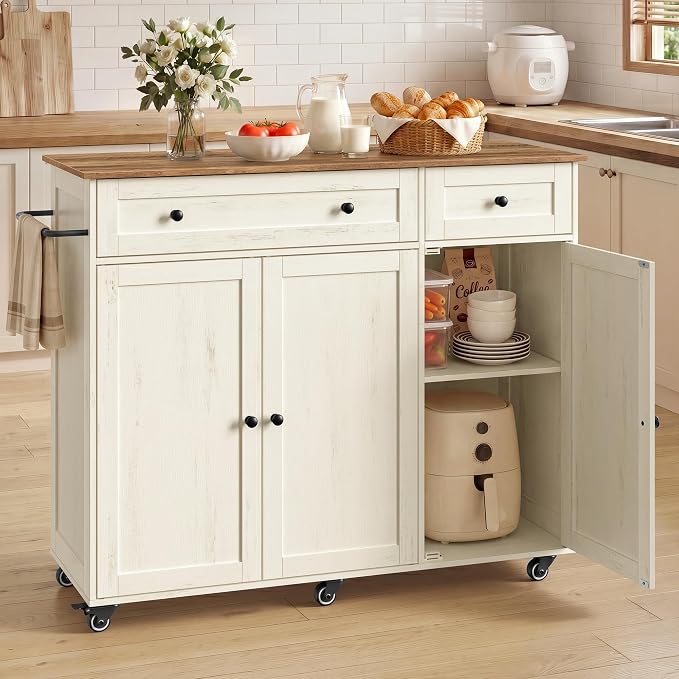 VASAGLE Mobile Kitchen Island, Portable Island on Wheels, Mobile Cart with Storage Cabinet for Dinning Room, 15.8 x 42.1 x 35.1 Inches, Rustic White and Honey Brown UKKI015WJ01S