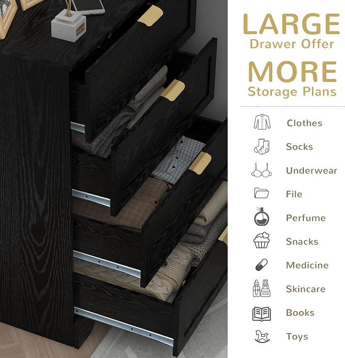 4 Drawers Dresser, Wooden Dresser for Bedroom with Large Drawer and Gold Handles Storage Chest Cabinet Organizer Living Room Closet Hallway, Black