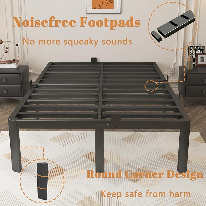 16 Inch Black Bed Frame Queen Size, Metal Platform Queen Bed Frame with Anti-Slip Baffles, No Box Spring Needed, Heavy Duty Steel Platform Support, Round Corner Design, Storage Space, Noiseless