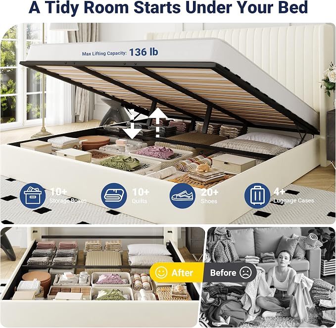 Allewie King Size Lift Up Storage Bed Frame, Hydraulic Support System, Upholstered Platform Bed Frame, Underneath Storage, Vertical Channel Tufted Headboard with Wingback, No Box Spring Needed, Cream