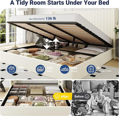 Allewie King Size Lift Up Storage Bed Frame, Hydraulic Support System, Upholstered Platform Bed Frame, Underneath Storage, Vertical Channel Tufted Headboard with Wingback, No Box Spring Needed, Cream