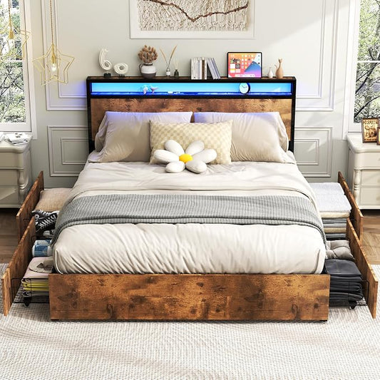 Kiivakii Full Size Bed Frame with Headboard, LED Platform Bed Frames with 4 Storage Drawers, Built in Charging Station, Noise Free, Stable and Solid, No Box Spring Needed, Rustic Brown