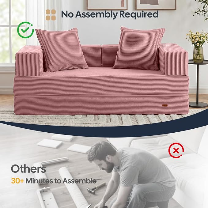 COMAX Futon Sofa Bed, Convertible Sofa Bed, Folding Boneless Couches | Boneless Couch for living room, 4‑in‑1 Fold Out Small Foldable Loveseat Floor Sleeper Mattress Lounge Space‑Saving, Pink