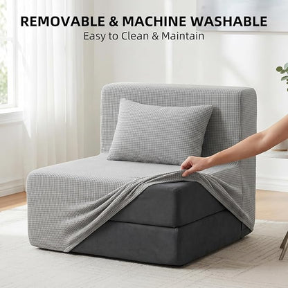 FILUXE Convertible Folding Sofa Bed-Sleeper Chair with Pillow, Modern Linen Fabric Floor Futon Couch, Foldable Mattress for Living Room/Guest Use/Apartment,Single,Dark Gray+ Gray Cover