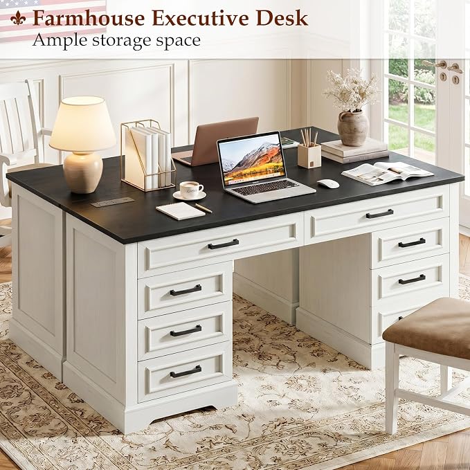 58" Executive Desk with 7 Drawers, Large Computer Desk with Charging Station , Wood Home Office Desk with File Drawer for Letter/A4 Size Hanging Files for Home Office,Rustic White and Rustic Black
