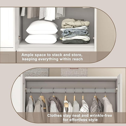 Armoire Wardrobe Closet with Drawers: 75" White Wardrobe Closet with 2 Doors and 2 Drawers, Wood Armoire Closets Cabinet for Hanging Clothes, Bedroom Armoires with Hanging Rod (31.5")
