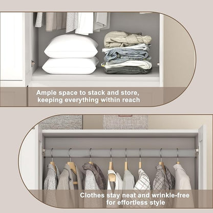 Armoire Wardrobe Closet with Drawers: 75" White Wardrobe Closet with 4 Doors and 4 Drawers, Wood Armoire Closets Cabinet for Hanging Clothes, Bedroom Armoires with Hanging Rod (63")