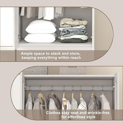 Armoire Wardrobe Closet with Drawers: 75" White Wardrobe Closet with 6 Doors and 6 Drawers, Wood Armoire Closets Cabinet for Hanging Clothes, Bedroom Armoires with Hanging Rod (94.5")