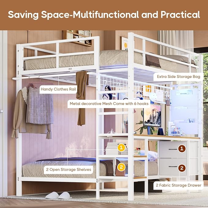 DICTAC Bunk Bed Full Over Twin with Desk and Led Lights Metal Full Over Twin Size Bunk Bed with Charging Station,Storage Shelves and Drawer,Bunk Beds for Teen/Adult with Safety Guard & Ladder,White