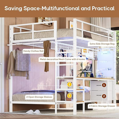 DICTAC Bunk Bed Full Over Twin with Desk and Led Lights Metal Full Over Twin Size Bunk Bed with Charging Station,Storage Shelves and Drawer,Bunk Beds for Teen/Adult with Safety Guard & Ladder,White