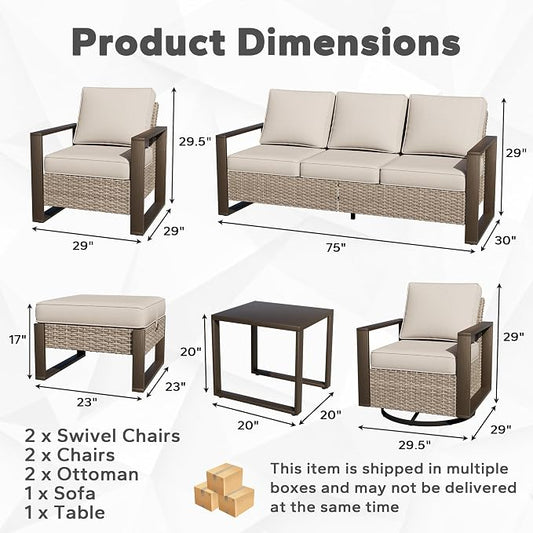 Joyside Outdoor Patio Chairs, 8 Pieces Wicker Rattan Furniture Set, 4 Patio Chairs, 1 Sofa, 2 Ottoman and 1 Table, Metal Wide Armrest, Thick Cushions and Deep Seating for Garden, Backyard, Porch