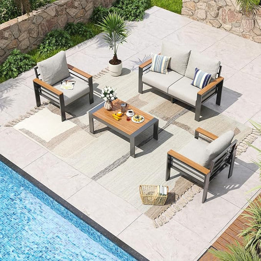 Aoxun Aluminum Patio Furniture Set 4 Seats, Oversized Outdoor Sectional with Washable Thick Cushions, Coffee Table, Patio Conversation Sets for Porch, Balcony, Deck