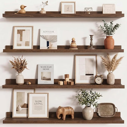 Axeman Picture Ledge Shelf | 36 Inch Walnut Floating Shelves Set of 4 | Rustic Wood Wall Shelves with Lip | 36" Walnut Picture Shelves for Wall with Ledge | Photo Shelves