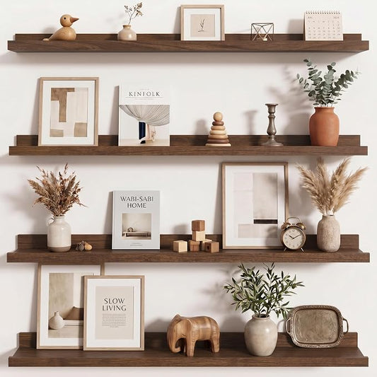 Axeman Picture Ledge Shelf | 36 Inch Walnut Floating Shelves Set of 4 | Rustic Wood Wall Shelves with Lip | 36" Walnut Picture Shelves for Wall with Ledge | Photo Shelves