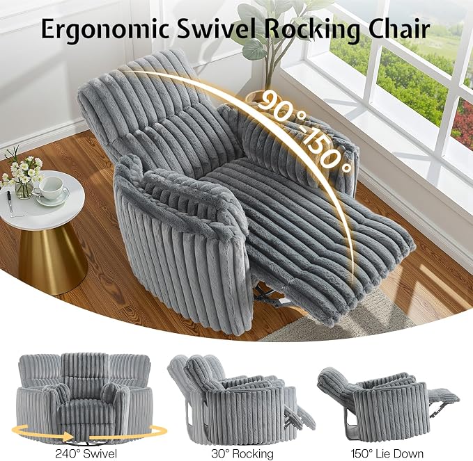Jocisland Power Recliner Nursery Chair for Adults, Electric Swivel Rocking Glider with USB & Type-C Charge, Plush Corduroy Armchair with 2 Pillows, Cozy Reclining Sofa for Living Room, Bedroom, Grey