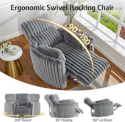 Jocisland Power Recliner Nursery Chair for Adults, Electric Swivel Rocking Glider with USB & Type-C Charge, Plush Corduroy Armchair with 2 Pillows, Cozy Reclining Sofa for Living Room, Bedroom, Grey
