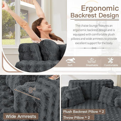 JEEOHEY 56" W Oversized Chaise Lounge Chair Indoor,Plush Faux Fur Sleeper Couch Sofa Bed with Pillows,Fluffy Comfy Cloud Sofa,Compression Foam Boneless Couch for Living Room,Bedroom(Bubble, Grey)