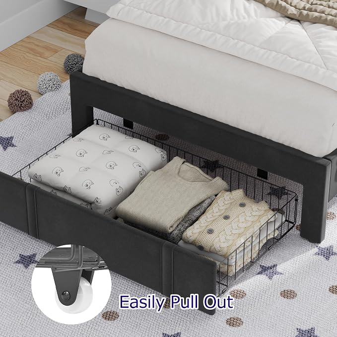 VECELO Twin Size Bed Frame with Storage Drawer, Heavy-Duty Platform Bedframe with Headboard & Strong Wooden Slats Support, No Box Spring Needed, Black