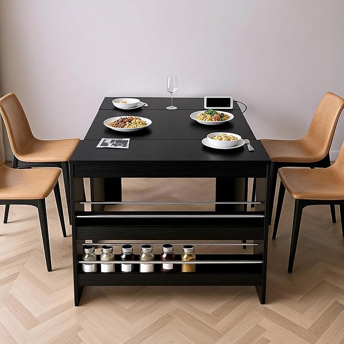 Kikihouse 19.6"-118.1" Modern Extendable Dining Table with Outlet, 2 to 12 People Space Saving Expanding Table with Storage for Party, Weddings, Meetings, Celebrations (Black)