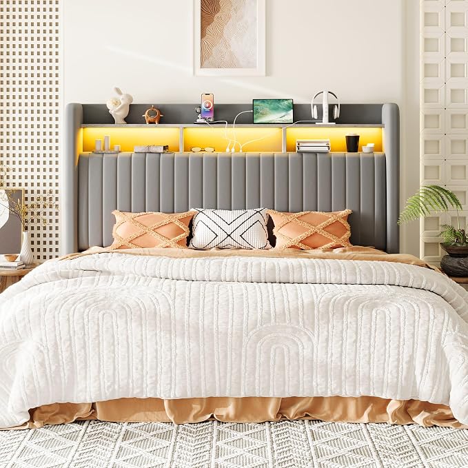 Allewie King Size Lift Up Hydraulic Storage Bed Frame, 2-Tier Shelf Headboard with LED Lights and Charging Station, USB and Type C Ports, Wingback Velvet Headboard, No Box Spring Needed, Gray