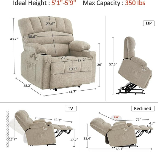 MCombo Power Lift Recliner Chair for Elderly, Lift Chair with Heat and Massage, Extra Wide Lift Recliner for Big People, Fabric R7096 (Medium-Wide, Beige)