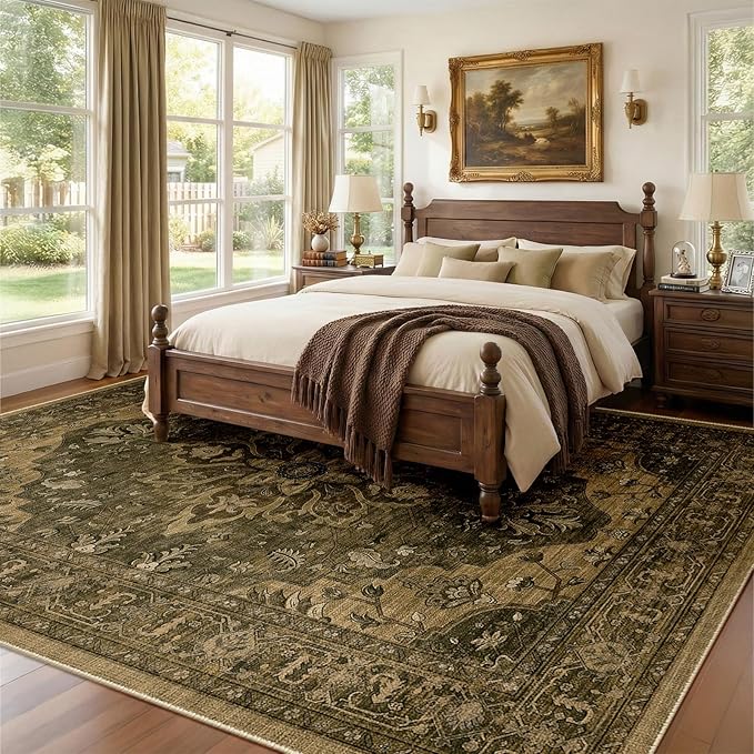 RELEANY Area Rugs 7'x9' Washable Non-Slip, Floral Vintage Distress Medallion Carpet for Living Room Bedroom Dining Room, Brown Dark Brown
